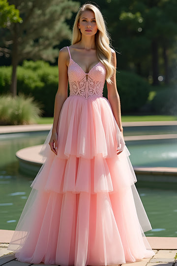 Pink Spaghetti Strap A Line Lang Applikeret Ruffled Gallakjole